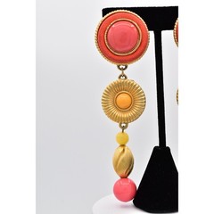 Vintage Statement Dangle Earrings Coral Orange Brushed Gold Beaded Chunky BinBK