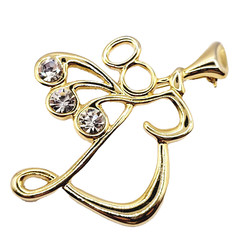 Angel Blowing Trumpet Rhinestone Tipped Wings Shiny Gold Tone Vintage Brooch Pin