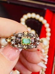 Antique 24″ Pearl Necklace, 18k Diamond Emerald Clasp, Spain Estate, 8 Diamonds