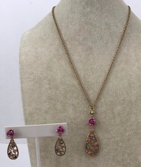 Avon Gold Tone Filigree Teardrop Rhinestone Floral Rose Pendant & Earrings Set