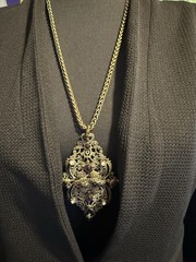 12.71 Vintage Gothic Filigree Pendant Necklace Purple Glass Rhinestone Statement