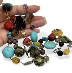 Vintage BOHO STATEMENT Necklace Multi Gemstones MOP Turquoise Etc 41” Fabulous!