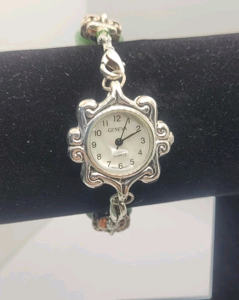 GENEVA Quartz Silver Tone Watch Jade Gemstone Beads Braslet 7.5in.