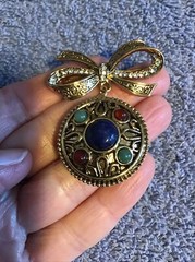 Vtg LOCKET Brooch JEWELED bow PHOTO HOLDER Etched Dangle Lot C