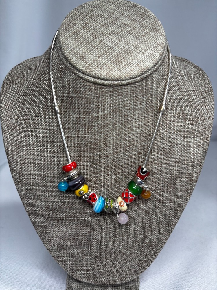 14 Charms some glass, silver tone Colorful NECKLACE 16″ length – NO MARKINGS