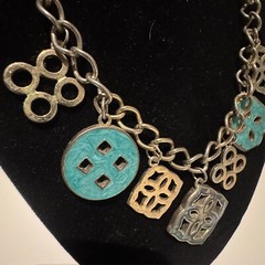 Vintage Silver Tone Metal Turquoise Geometric Charm Pendant Necklace Statement