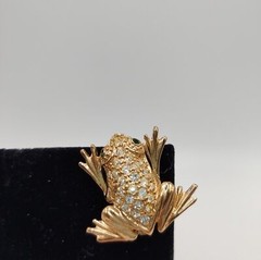 Rhinestone Green Eyed Frog Gold Tone Brooch