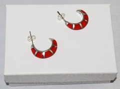 Vintage Southwestern Style Sterling Silver Coral Inlay Half Hoop Post Earrings