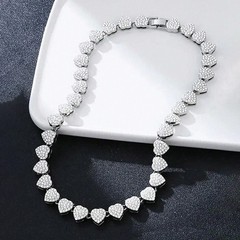 Diamond Tennis Heart Chain & Necklace & Bracelet Cuban Link Jewelry Set f/Women