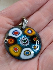 Copper Enamel Pendant Necklace Millefiori Vintage 15″ Chain