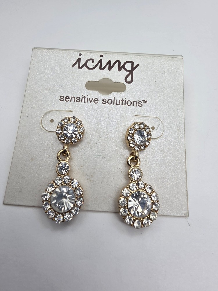 1990’s Signed Icing Clear Rhinestone Gold Tone Dangle Pierced Earrings Vintage