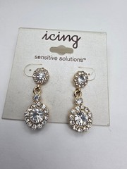 1990’s Signed Icing Clear Rhinestone Gold Tone Dangle Pierced Earrings Vintage
