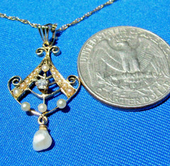 Original EARTH MINED DIAMOND Pearl ART Deco Pendant Medallion Necklaces 14K GOLD