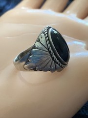 Vintage Navajo Sterling Silver Oval Cabochon Onyx Ring Size 11.25 Signed B
