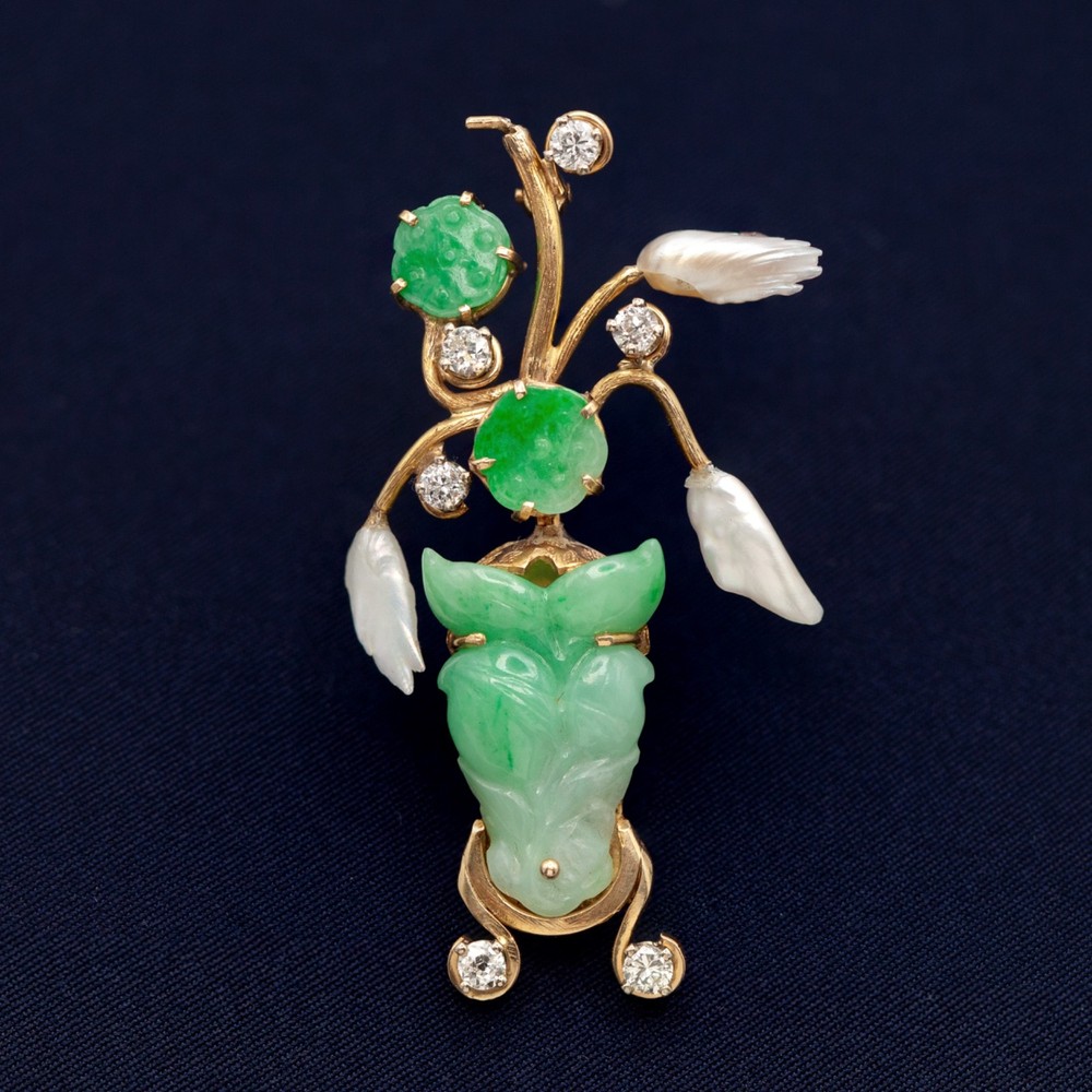 1950s Gumps 14K Gold Carved Jade Pearl Diamond Brooch(21059-NRTHH)