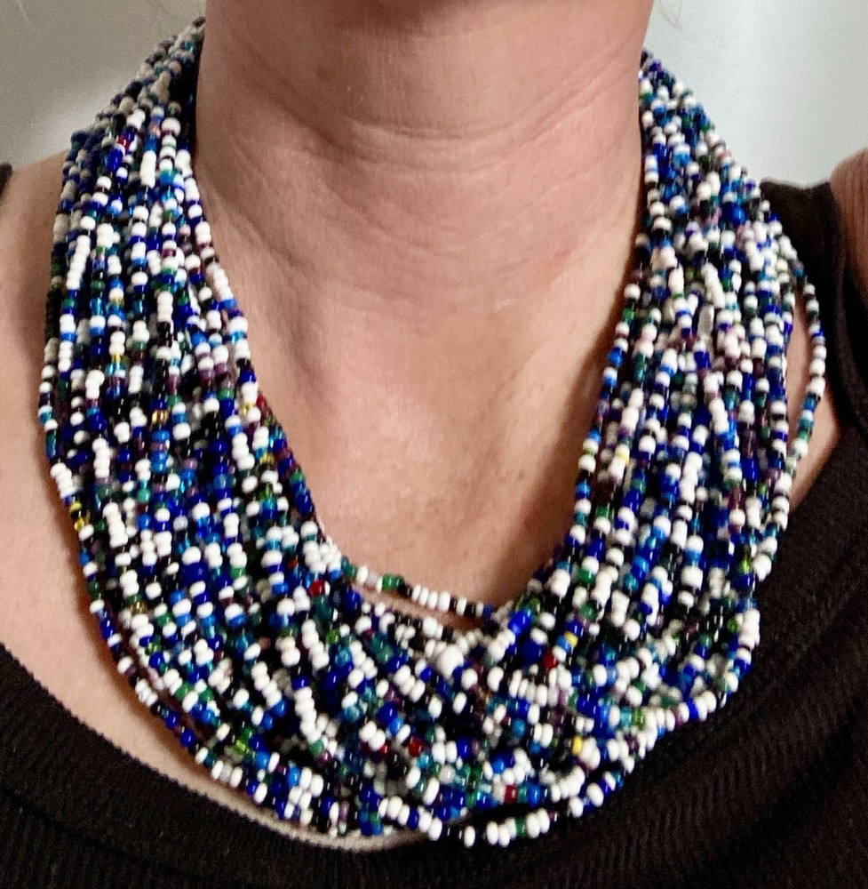 Huge Vintage South Africa Blue And White Multi Strand Bead Statement Necklace
