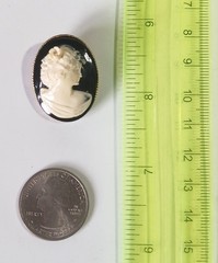 Vintage Glossy Black & White Cameo Portrait Brooch w Gold-tone Frame & C-clasp