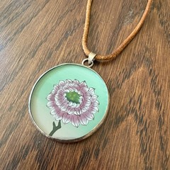 Vintage, Hand-Painted Flower Pendant Necklace on Genuine Leather Cord, 15” (L)