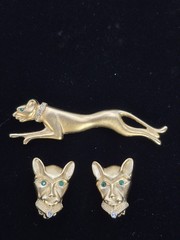 VTG JACKIE COLLINS Panther Set In Box Brooch Clip Earrings Gold Tone Rhinestones