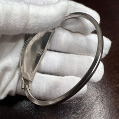 Vintage Alpaca Mexico Abalone Bangle Bracelet Silver Tone 7.5″ Green Enamel