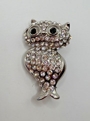 SILVER TONE OWL BROOCH PIN CLEAR RHINESTONE BIRD COSTUME JEWELRY LAPEL VINTAGE