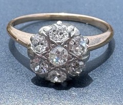 ART DECO 1930’s OLD MINE CUT DIAMOND DAISY FLOWER RING 13K 14K 15K GOLD