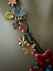 ESTATE LEATHER CORD MULTI COLOR ENAMEL FLOWERS CHARM NECKLACE SILVER TONE SIGNED