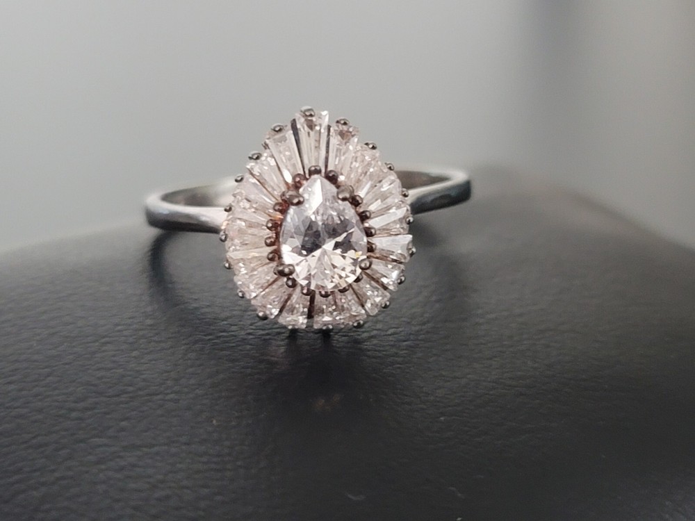 Sterling Silver 925 Pear Baguette Halo Ring Size 9.75 Signed RJ 3.51 grams