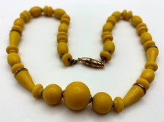 Sunny Yellow Celluloid Bead Necklace Cone Round Shapes Strung Cable Chain 1930s