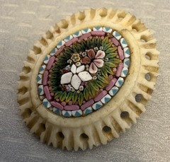 19C Antique Micro Mosaic Brooch Carved Bone Frame Italy Grand Tour missing clasp