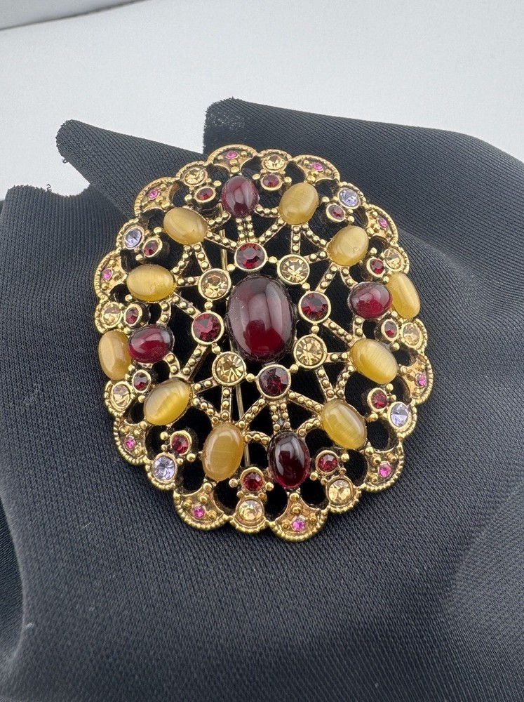 VTG Monet Signed Tigereye Ruby Topaz Gold Crystals Oval Broach Pin Filagree