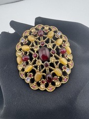 VTG Monet Signed Tigereye Ruby Topaz Gold Crystals Oval Broach Pin Filagree