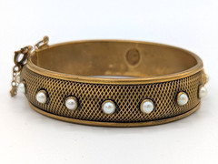 Vintage Hobe Pearl Bangle Hinged Bracelet Cuff Textured Gold Tone Safety chain