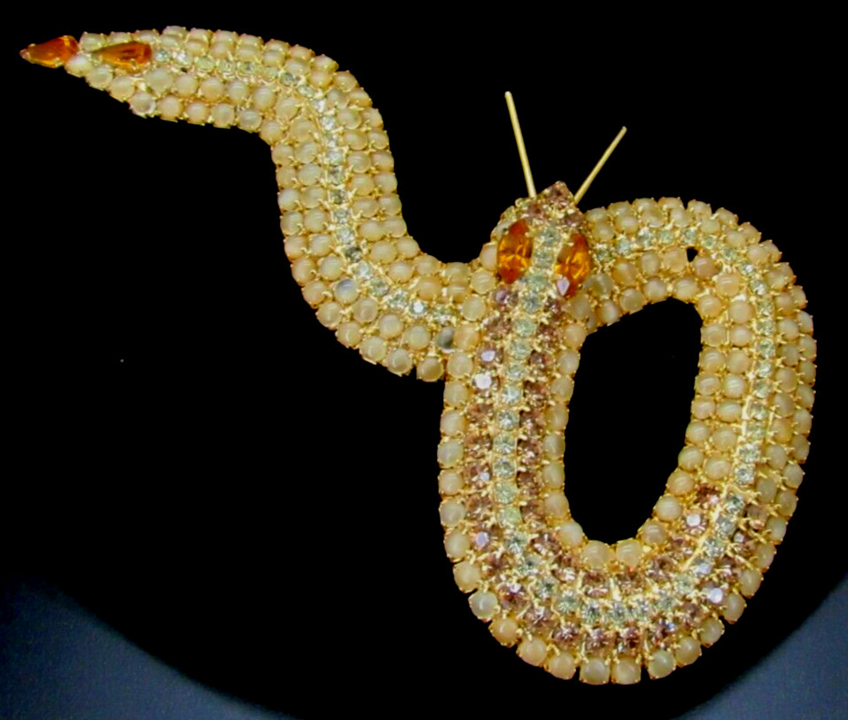 KENNETH J LANE KJL OPAQUE TOPAZ CRYSTAL Serpent Snake BROOCH BOOK PIECE 5″ Rare