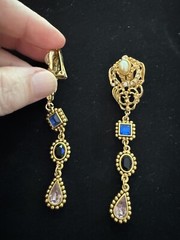Vintage drop earrings blue and lavender sand faux pearl stones 3.5 inches long