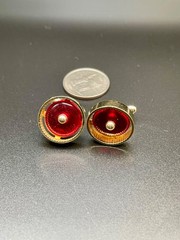 Vintage Anson Gold Tone Mod Red Lucite Floating Ball Round Cufflinks MCM