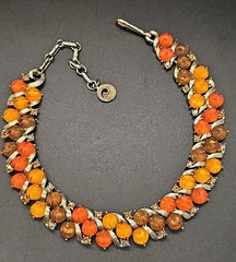 Lisner Thermoset Autumn Orange Amber Brown Pumpkins Necklace Rhinestones 50s