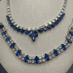 Vintage B David Silver Tone Blue Rhinestone Crystal Necklace Bracelet Clip Ons
