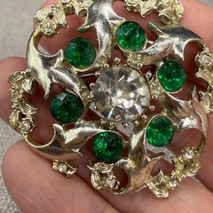 Vintage Floral Brooch Gold Tone Green Clear Rhinestones Open Work 2 Inches