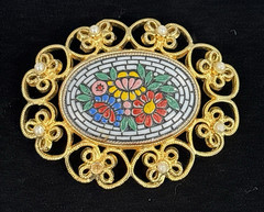 Vintage Bellini Faux Mosaic Brooch Pin 2 1/4″ x 1 3/4″ MISSING 1 Faux Pearl