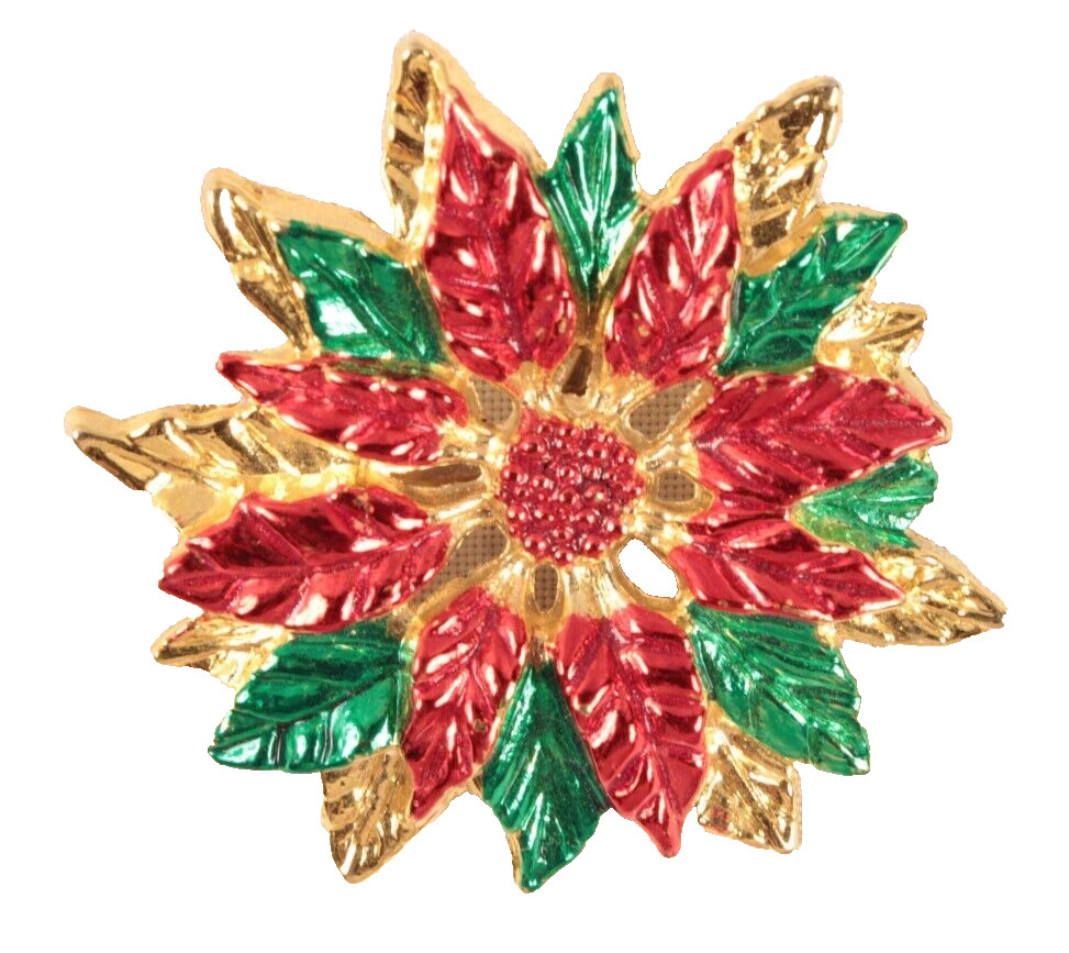 Christmas Pin Layered Shiny Poinsettia Red Green Gold 2.25 Inches Diameter