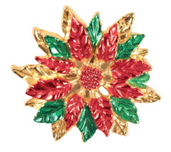 Christmas Pin Layered Shiny Poinsettia Red Green Gold 2.25 Inches Diameter