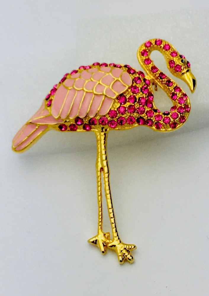 Gold Enamel 70 Pink Crystal Flamingo Pin/Brooch