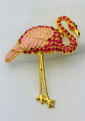 Gold Enamel 70 Pink Crystal Flamingo Pin/Brooch
