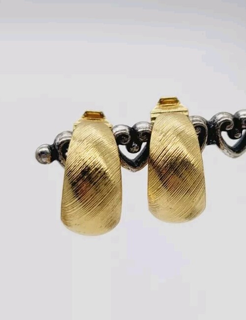 Monet Earrings Hoop Brushed Gold tone Clip on Textured .75 in Vintage