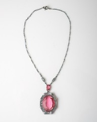 Antique ART DECO Silver Tone PINK Glass Rhodium Plated Filigree Necklace