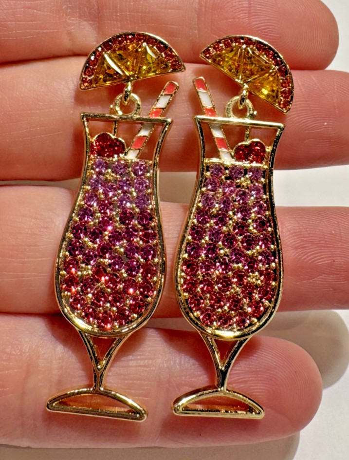 NEW Sugarfix Drink Glass Cocktail Orange Cherry Rhinestone Dangle Stud Earrings