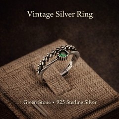 925 Sterling Silver Adjustable Vintage Ring Green Stone Boho Stackable Band