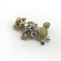 Vintage AB Rhinestone Green Eyed Poodle Dog Gold Tone Brooch Pin