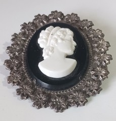 Vintage Celluloid Black, White & Silver Floral Cameo Portrait Brooch